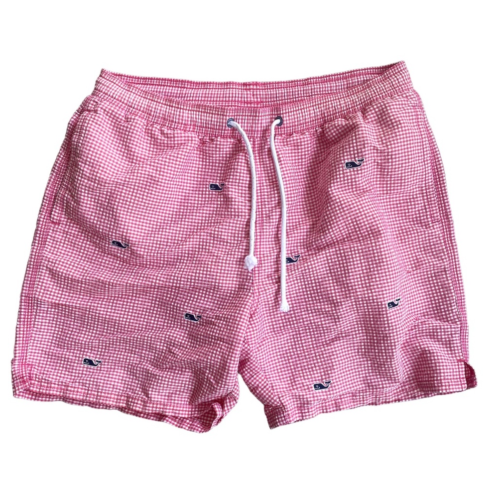 BNWT Men Vineyard Vine White & Pink Plaid Drawstring Swim Trunks SZ. M